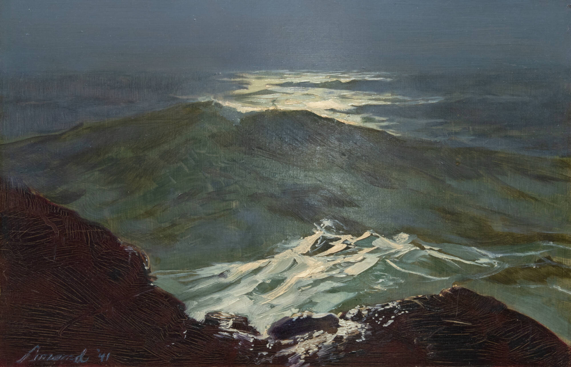 Dark painting of cliffs over ocean waves.